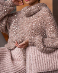 Solid Color Knitted Sequined Sweater & Skirt Two-piece Set