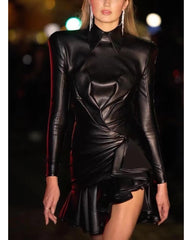 Sexy lapel long sleeve leather dress