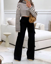 Turtleneck Striped Sweater & High Waist Overalls Two-Piece Set