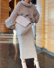 Solid Color Knitted Sequined Sweater & Skirt Two-piece Set