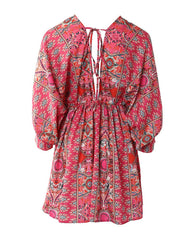 V-Neck Tribal Print Ruched Swing Dress