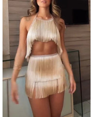 Sexy halter fringe miniskirt