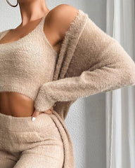 Spot real shot! new sexy V-neck plush short tank top trousers three-piece suit women