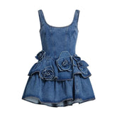 3D Flower Double-layer Denim Dress