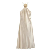 3D Flower Halter Off-the-Shoulder Satin Dress