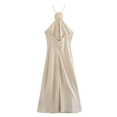 3D Flower Halter Off-the-Shoulder Satin Dress