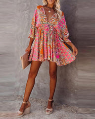 V-Neck Tribal Print Ruched Swing Dress