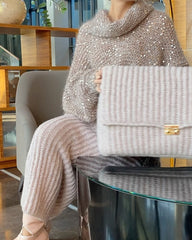 Solid Color Knitted Sequined Sweater & Skirt Two-piece Set