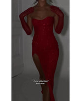 Sexy red strapless with irregular sleeves dress