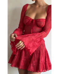 Sexy red lace skirt with flared sleeves dress
