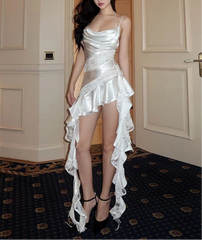 White Satin Irregular Hem Lace Patchwork Ruffles Mini Dress