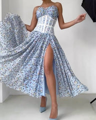 Sexy Split Floral Print Strap Long Dress(excluding corset)