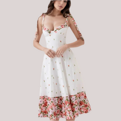White Printed Patchwork Tie-Up Maxi Dress - Vintage Fit & Flare