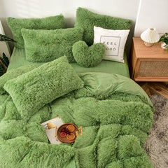 High Quality Long hair bedding set Green Mink Flannle Velvet Fleece Duvet CoverThicken Warm Home Linen 3/4 Heart Cushion Sheet