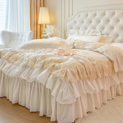4/6Pcs Vintage French Double Layer Ruffles Princess Wedding 100% Cotton Bedding Set Duvet Cover Bed Skirt Bedspread Pillowcases