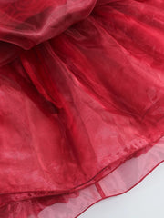 Red Mesh 3d Floral Frill Beaded Strapless Mini Dress