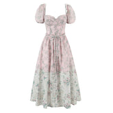 Two Tone Floral Print Puff Sleeve Midi Dress