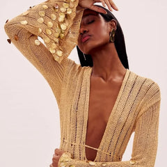 Beige Deep Neck Sequin Knitted Maxi Dress