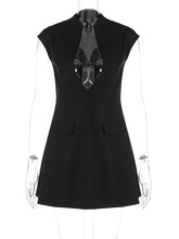 Black Deep Neck Short Sleeve Solid Mini Dress