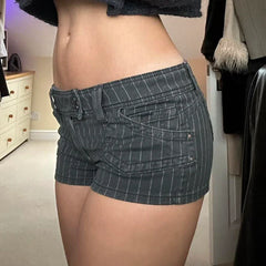 Grey Striped Denim Low-Waisted Shorts