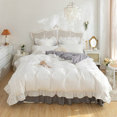 Lace Ruffles Bedding Set White and Gray Color Bedclothes for Boys/Girls Full Size Quilt Cover Sets Queen/King Bed Linen Sets