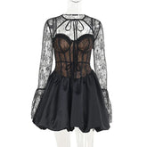Black Lace Removable Sleeve Puff Mini Dress