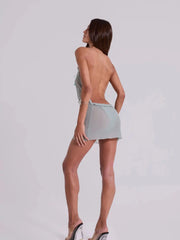 Droplet Beaded Sheer Cowl Neck Mini Dress and Bikini