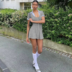 Knit Buttoned Collar Short Sleeve Mini Dress