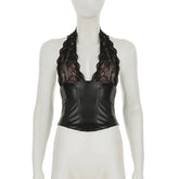 Black Lace Patchwork PU Tank Top