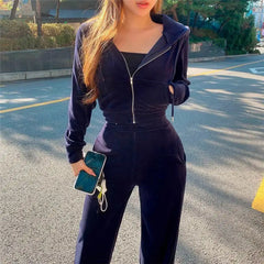 Velvet Hooded Zipper Crop Jackets And High Waist Straight Wide Leg Pants Set