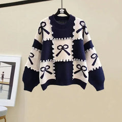 Bow Checkered Patchwork Sweater