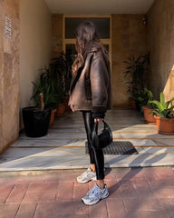 Brown Faux Leather Black Lining Fur Jacket