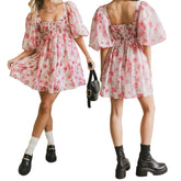 Floral Print Short Puff Sleeve Mesh Layered Babydoll Short Dress