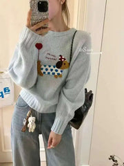 Dog Embroidery Knitted Sweater Pullover