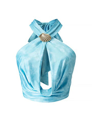 Blue Halter Shell Cowl Crop Top
