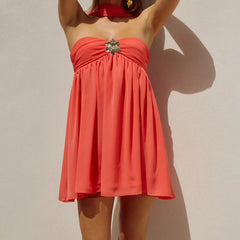 Ruffles Babydoll Strapless Metal Flower Mini Dress