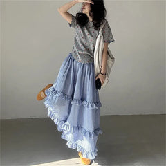 Blue Ruffles Plaid Long Skirt - Preppy A-Line