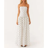 Strapless Dot/Floral Print Pleated Tube Long Dress - A-Line Fit