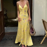 Yellow Print Elegant Spaghetti Strap Dress