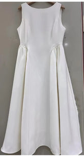 Solid Round Neck Waist A-line Sleeveless Midi Dress