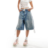 Trendy Loose Fit Denim Capri Shorts - White Side Stripes
