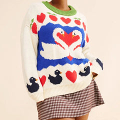 Swan Love Heart Pattern Ribbed Crew Neck Sweater