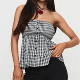 Black Plaid Strapless Peplum Top