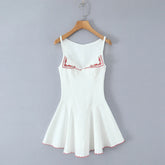 White Embroidery Red Flower Lapel V neck Mini Dress