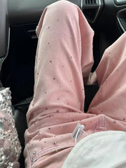 Pink Rhinestones High Waist Jeans