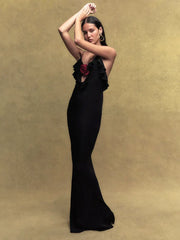 Rose Polka Dot Ruffle Strappy Maxi Dress