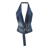 Denim Strap Plunge Open Back Halter Top