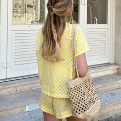 Yellow Checkered Front Tie Shirt And Shorts Set
