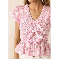 Pleated Smocked 3D Bow Babydoll Crop Top