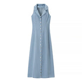 Denim Collar Buttoned Midi Dress